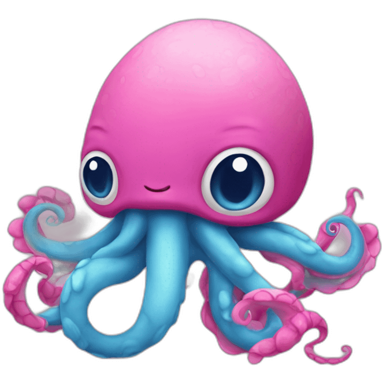 an adorable blue kraken fighting  has another pink kraken  adorable emoji