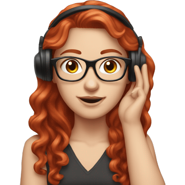 White girl Tipping Hand, with long red red wavy hair, square glasses, wearing headset emoji