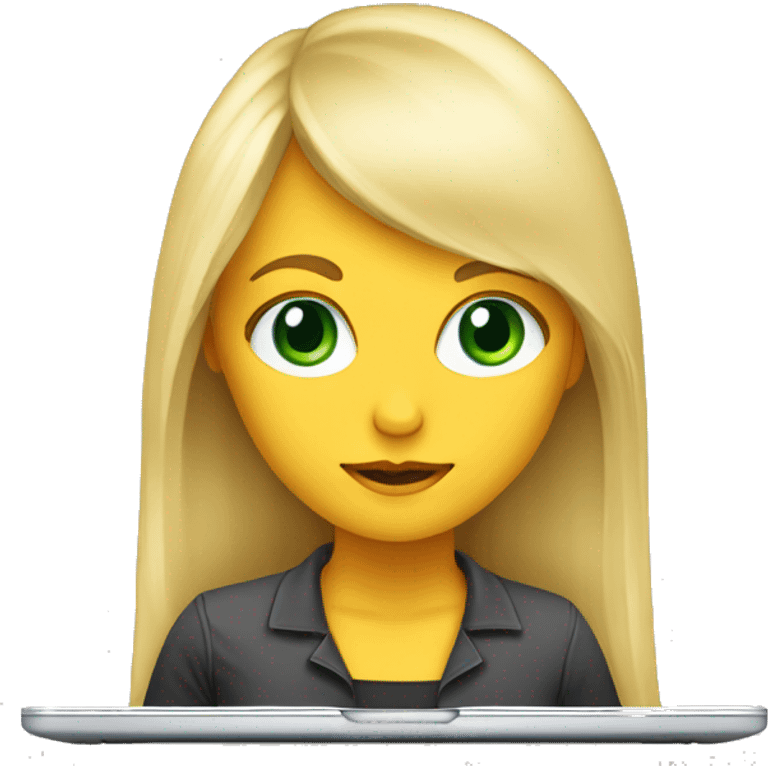 Young woman, long blonde hair with bang, green eyes working on laptop  emoji