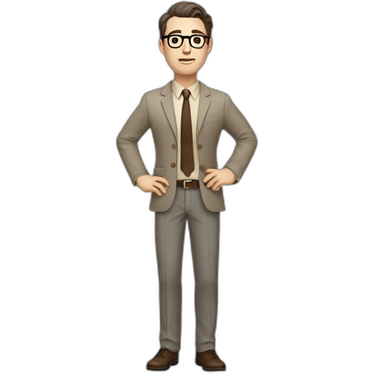 Full height Gesticulating Pale skinned fit man with dark brown hair in gray jacket, beige office shirt, brown tie, brown pants and vintage glasses. emoji