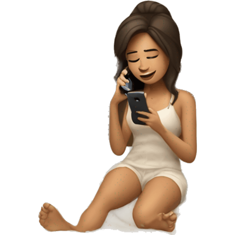 Brunette girl in bed on phone  emoji