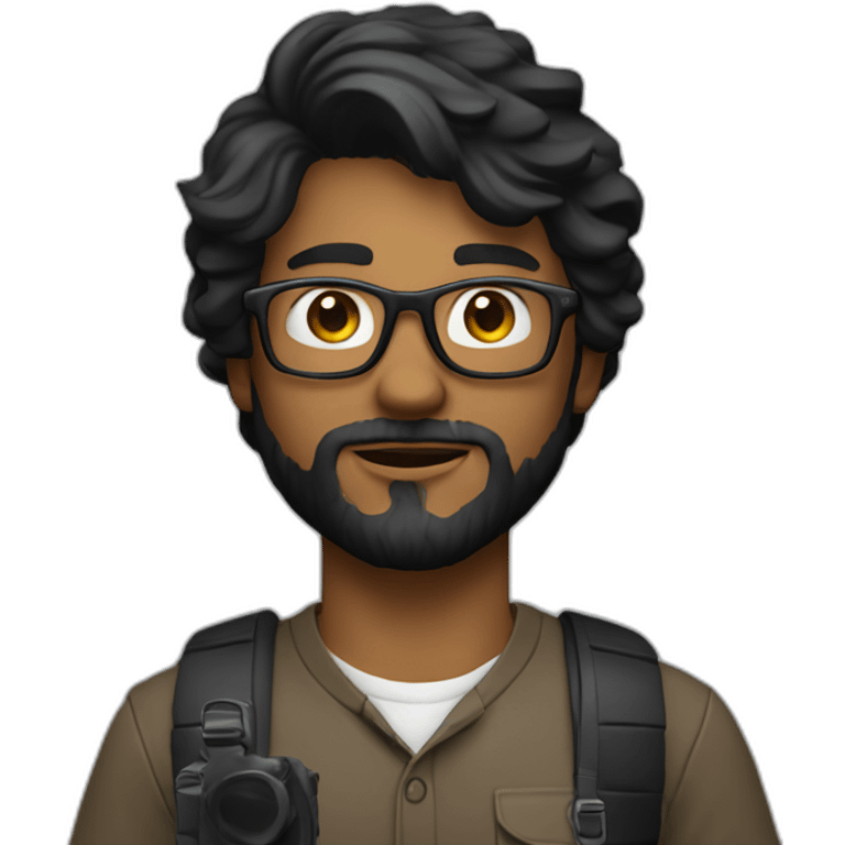 a filmmaker, young, black, straight hair, with a beard, wearing glasses and with a camera in his hand. Using black emoji