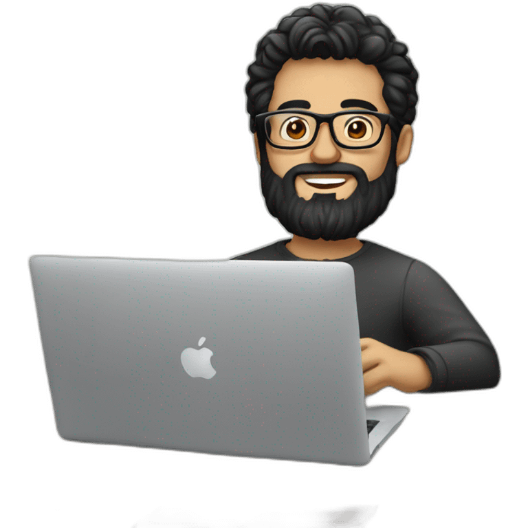 Designer with black hair, beard and glasses working with MacBook and drinking cappuccino  emoji