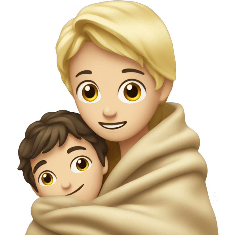 Brunette boy and blond girl hugging in a blanket  emoji