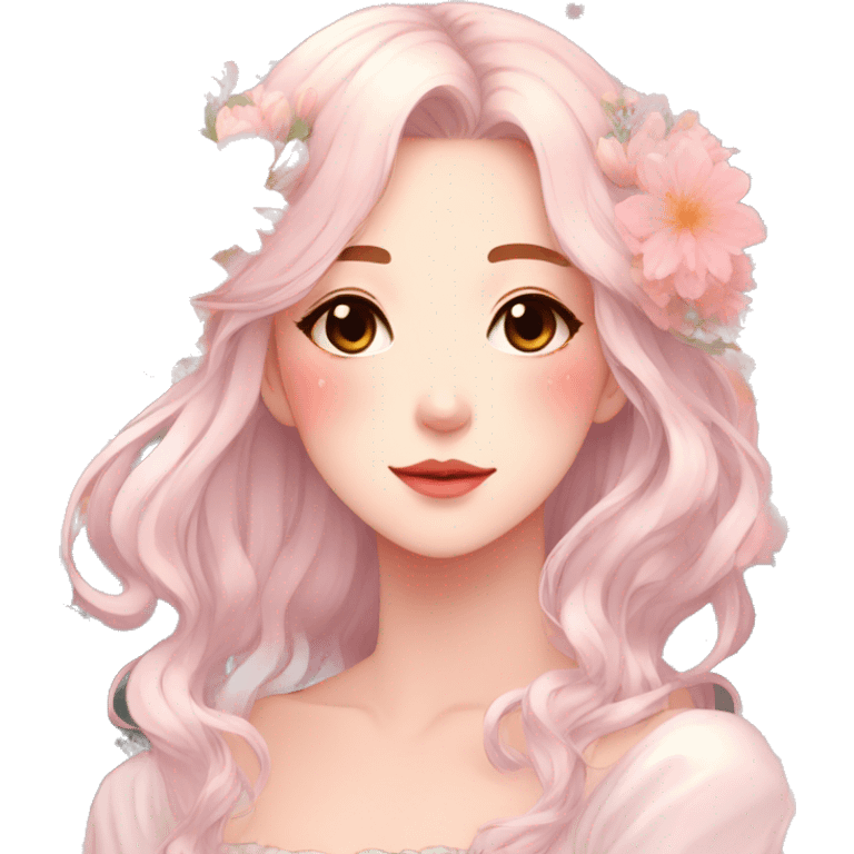 Gorgeous pastel anime style lady with blushing face and flowers aesthetic trending style emoji