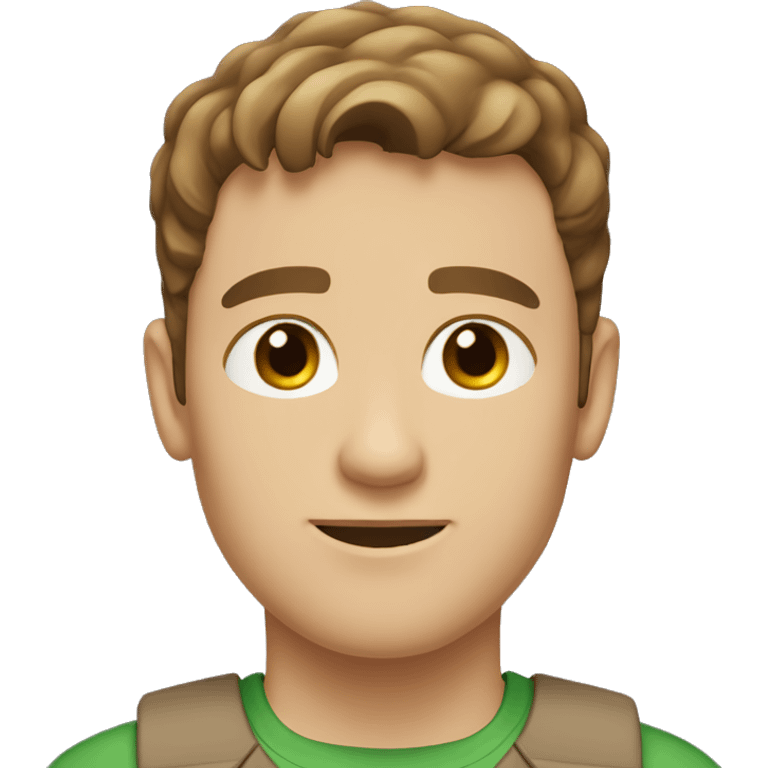 white, brown sort of tan guy, brown short ish hair which is sort of thin, green brown eyes, blue shirt with black vest  emoji