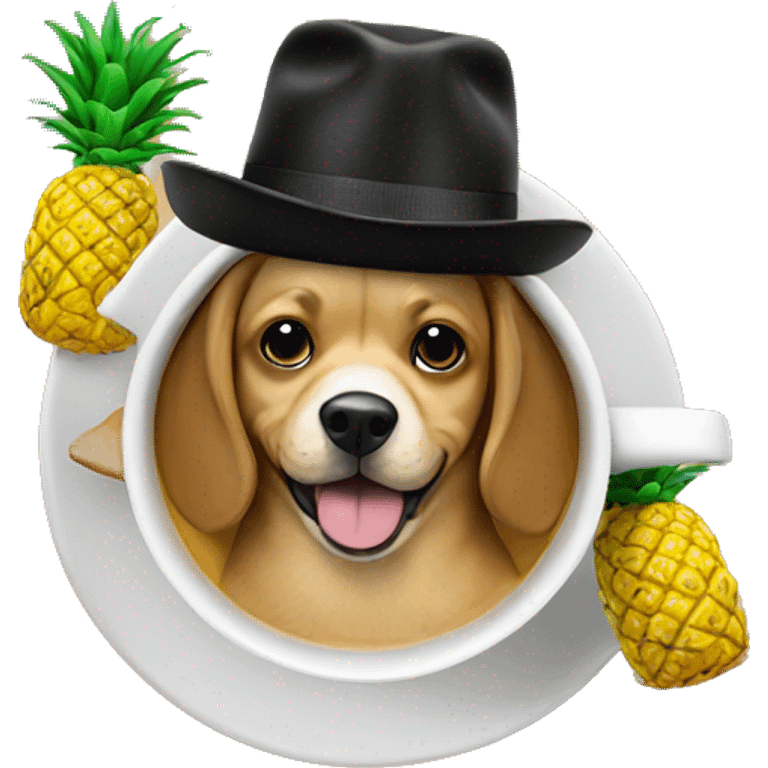 Dog inside a coffee cup wearing a hat with pineapples on it  emoji