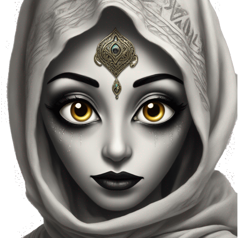 Alien in Aladdin style, oil paint, black eyes, intricate lips, intricate portrait, beautiful, desirable, logical, Arabic emoji