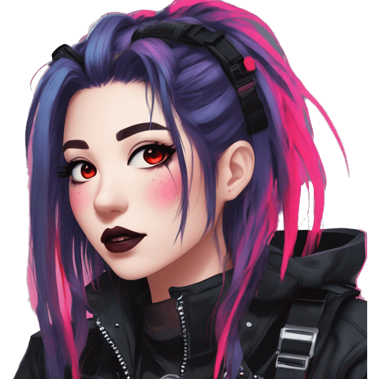 Gorgeous bright colorful neon gothic techwear anime style lady with blushing face aesthetic and pretty edgy black red punk messy hair with collar and harness trending style emoji