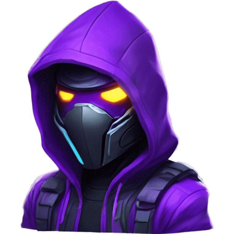 Side view developer behind his laptop with this style : crysis Cyberpunk Valorant neon glowing bright purple character purple violet black hooded assassin themed character emoji