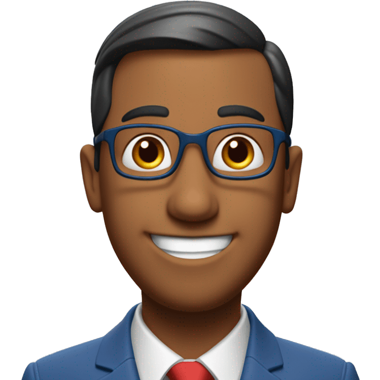 Pixar-inspired film character in 3D. Smiling Indian, oval face, cropped hair, nose with a high back, wears a blue suit and red tie. emoji