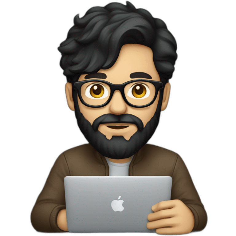 Designer with black hair, beard and glasses working with MacBook and drinking cappuccino  emoji