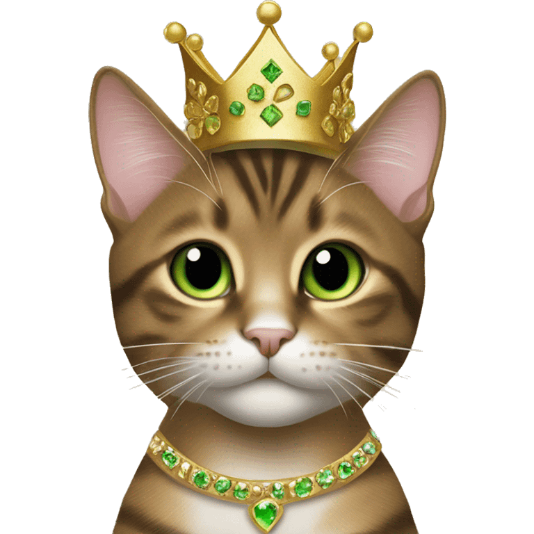 green eyed brown Tabby mixed cat wearing a gold princess crown emoji