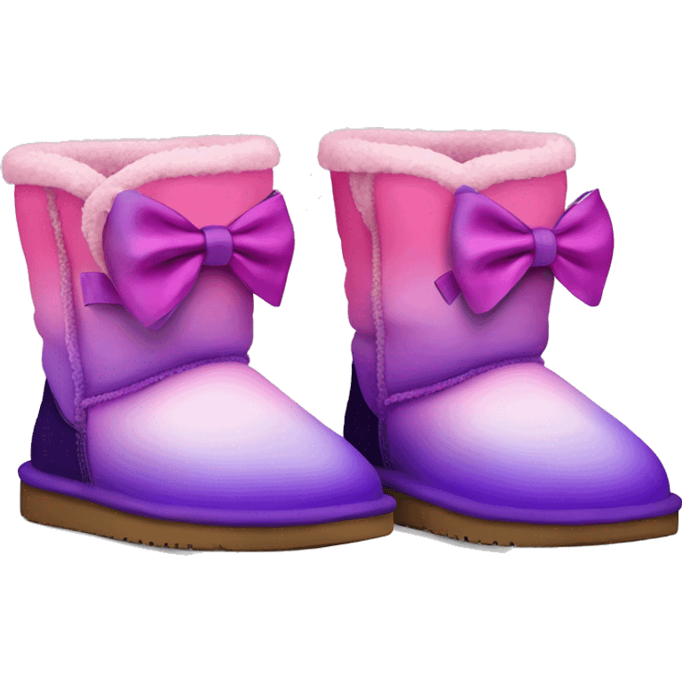 Realistic pair of pink to purple ombre fur Ugg boots with silk ribbon bows. emoji