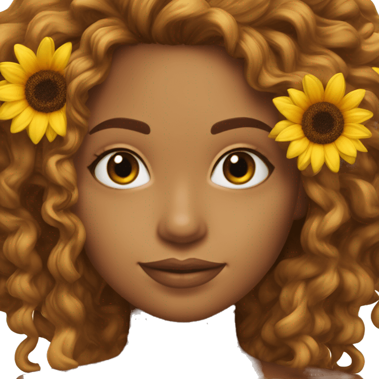 Chica de cabello rizado largo piel canela con girasol  emoji