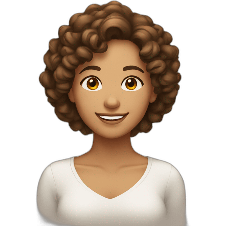 woman face, brown 2c curly medium length hair, light brown eyes, olive skin, smiling emoji