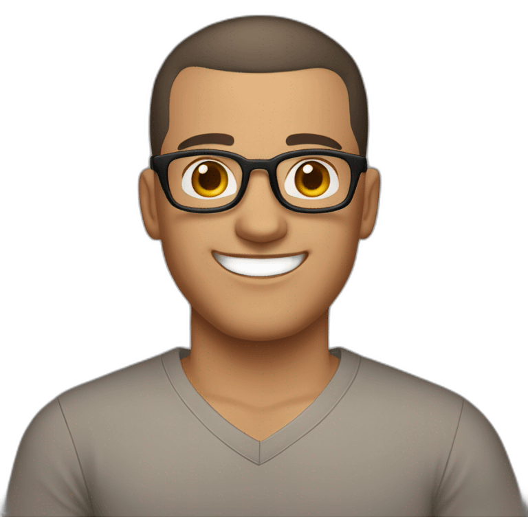 Late 30s man with buzz cut salt and pepper dark hair, thick frame glasses, with a round face and broad smile, medium nose, dark brown eyes, wearing a v-neck t-shirt emoji