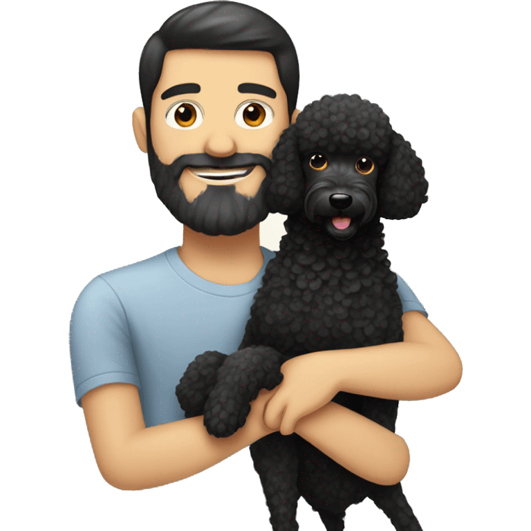 Black-haired and white guy with beard hugs black poodle dog  emoji