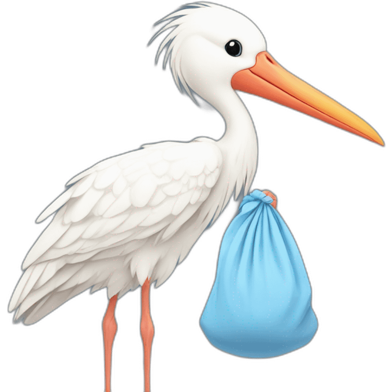 White stork carrying a blue bundle of cloth in its beak that has a human baby with and the human baby head is peeking from the fabric bundle the strok is carrying with its beak emoji