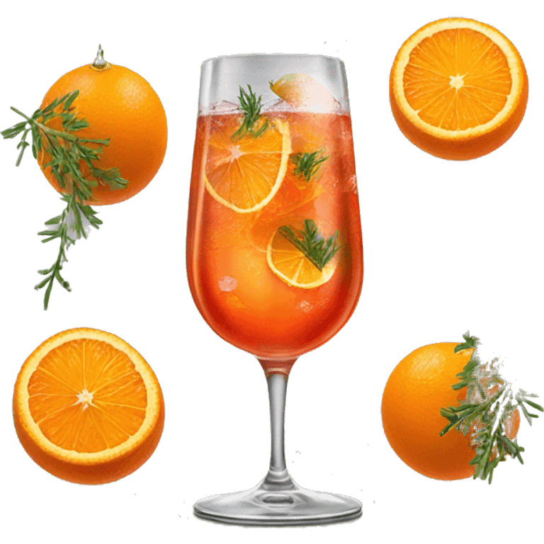 An Aperol spritz in a glass with ice, a strand of thyme in it, and a slice of an orange  emoji