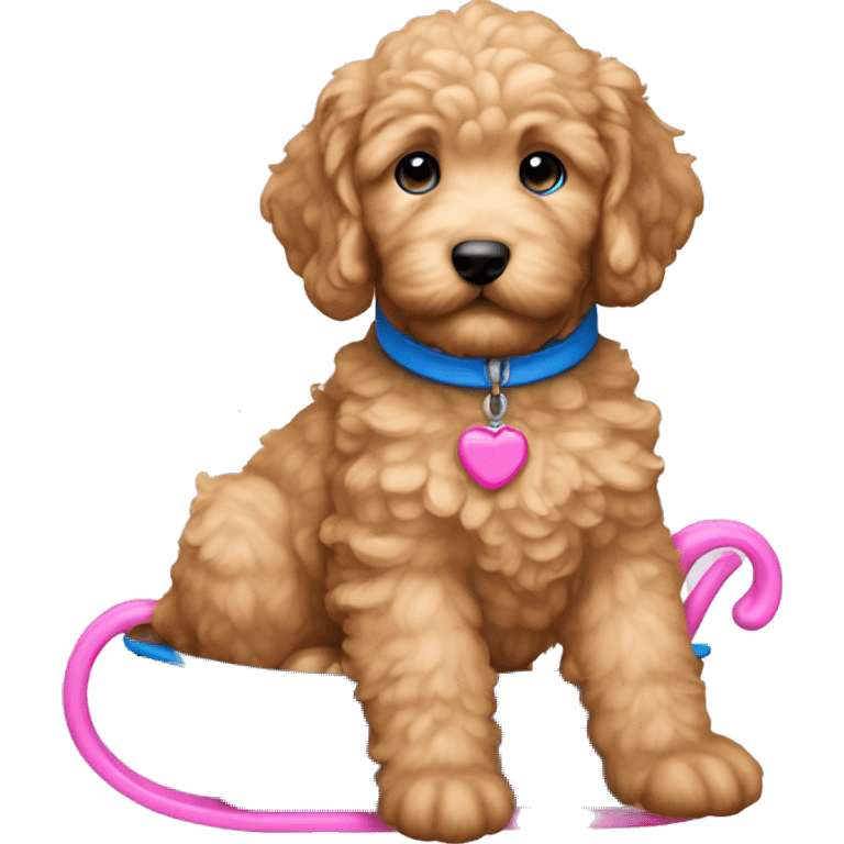 Mini golden doodle puppy  with pink sleigh blue collar blue eyes  emoji