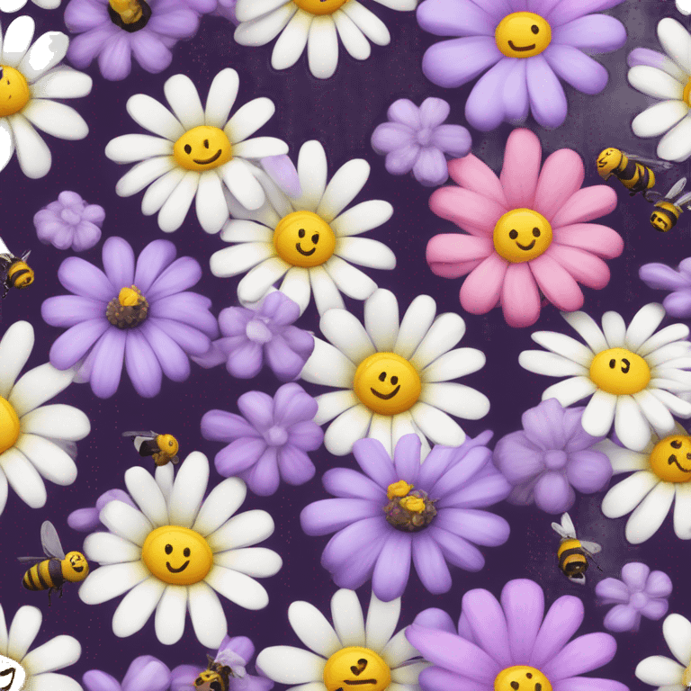 Beautiful wild bouquet of flowers purple pink white yellow with bees emoji