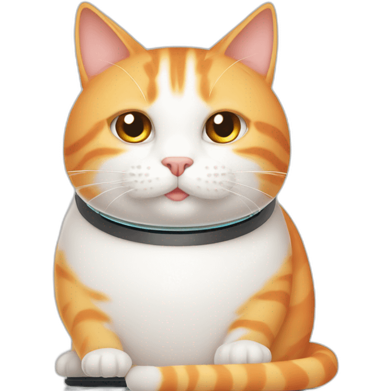 fat white and orange cat sitting on roomba emoji