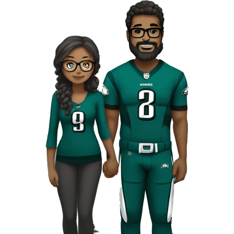 Brown guy with beard mustache and brown girl with glasses and her hair in a bun in Philadelphia eagles clothes holding hands emoji