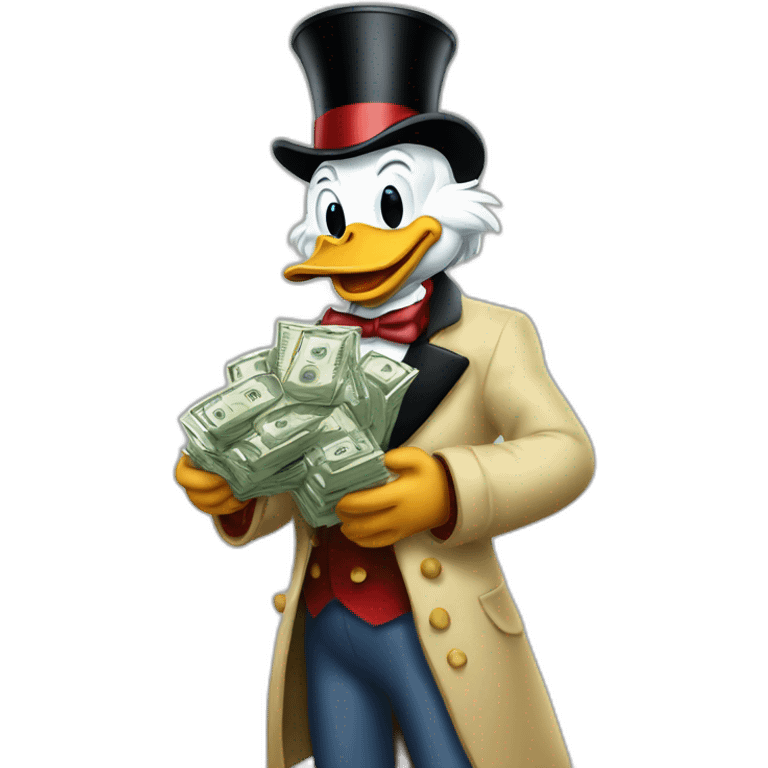 Scrooge McDuck holding lots of cash emoji