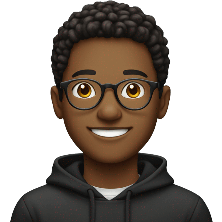 Entrepreneurial 20-year-old boy with black sweatshirt and circular glasses smiling emoji