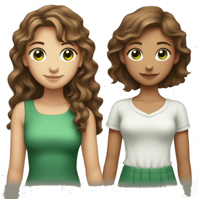 Two girls with brown hair and green eyes one with a little more wavy hair with they’re hand around each other  emoji