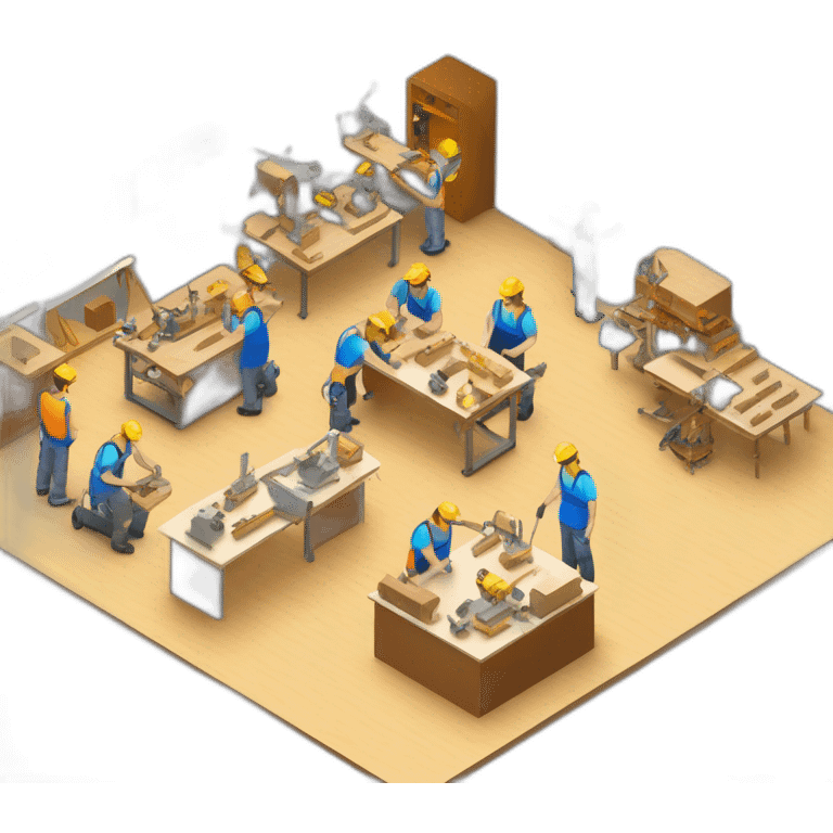 isometric square solid outline border containing indoor creative factory woodworking metalworking people actively working cnc machine tools simple industrial makerspace #edc31b accent emoji