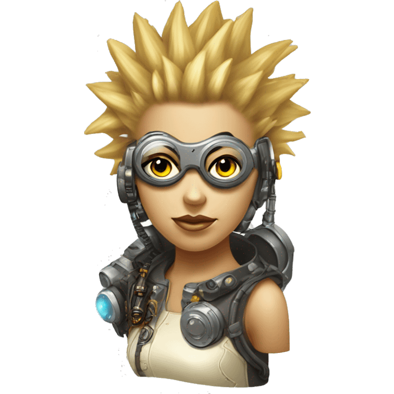 Light yellow Mohawk hair female cyborg head, tan skin, steampunk goggles and circuits emoji