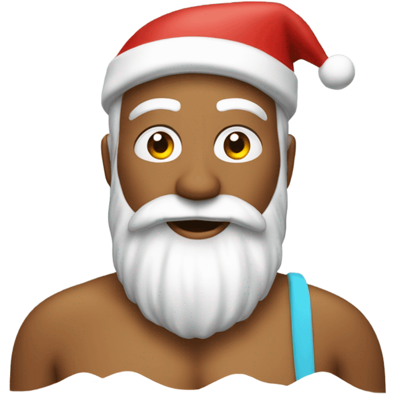 Santa a man, traditional at the beach with a swim top for women on a surf board emoji