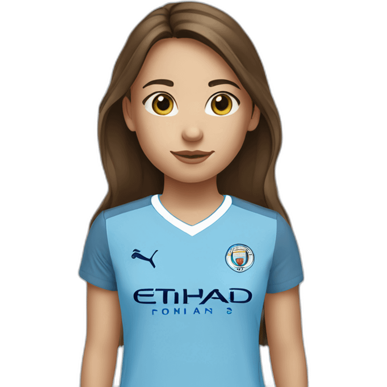 Little girl with brown hair and eyes wearing Manchester City football shirt emoji