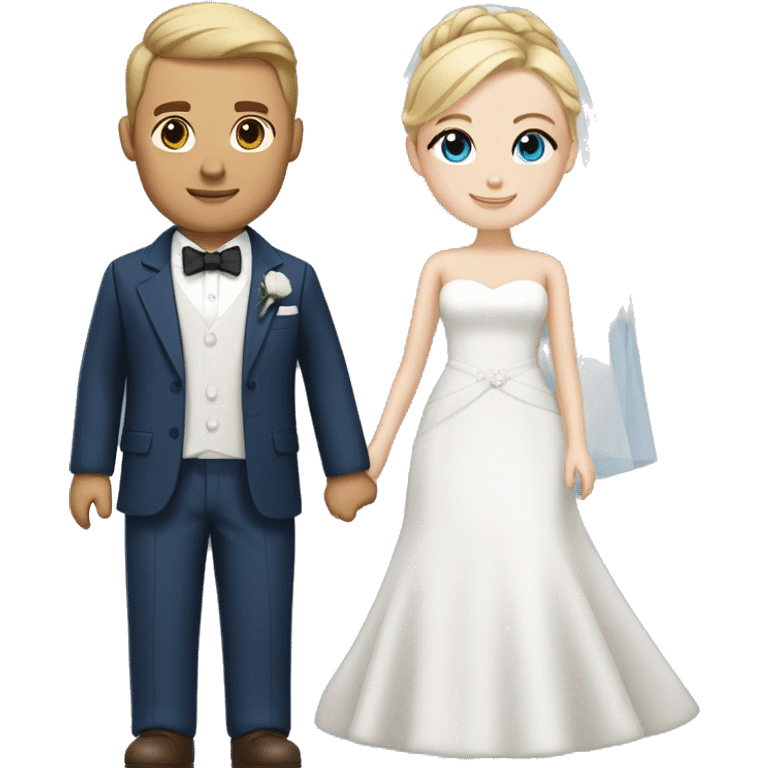 Wedding couple, groom white skin with brown hair and brown eyes, bride with white skin blonde hair up and blue eyes and veil and dark blue suit emoji