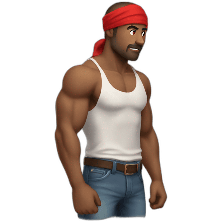 muscular man in red bandana standing sideways turns his head to face the viewer,his hand is bent in the elbow,torso emoji