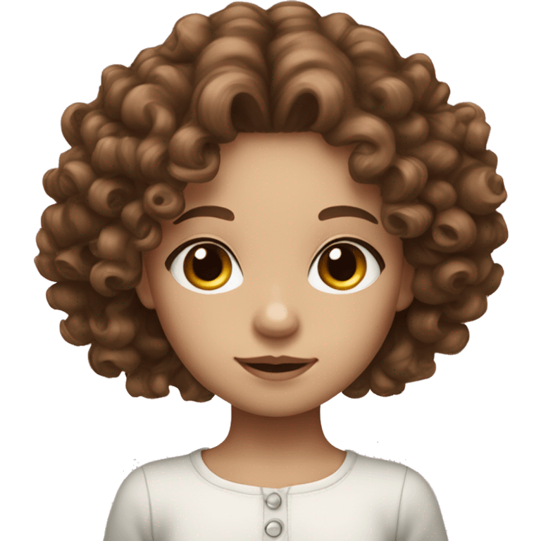 feminine girl, curly long brown hair, white skin, cute, brown dolly eyes emoji