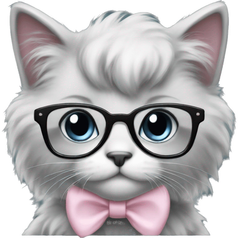 fluffy black kitten nerd with glasses and light pink bow emoji