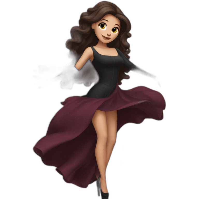 brunette with long hair in a black dress and maroon long gloves dancing emoji