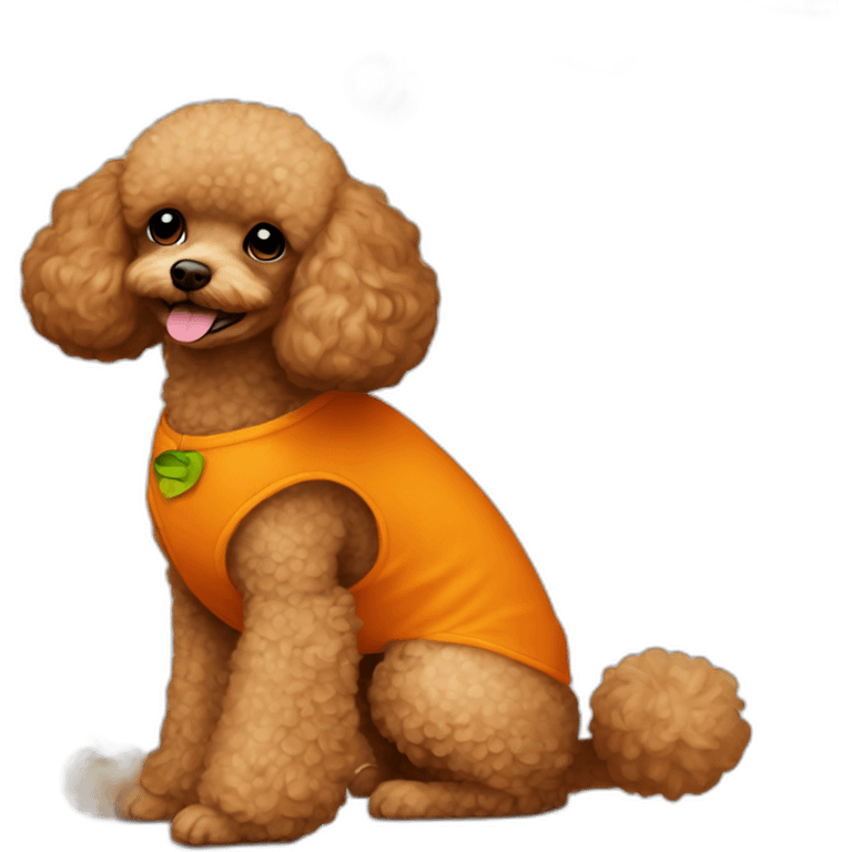 Light brown toy poodle wearing a pumpkin costume emoji