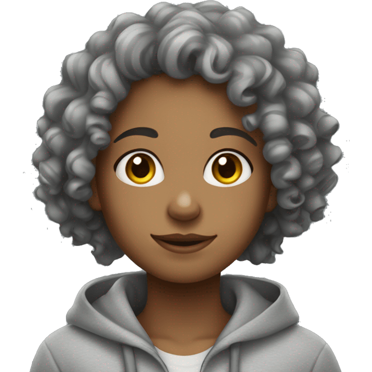 Curly haired girl in a gray hoodie emoji