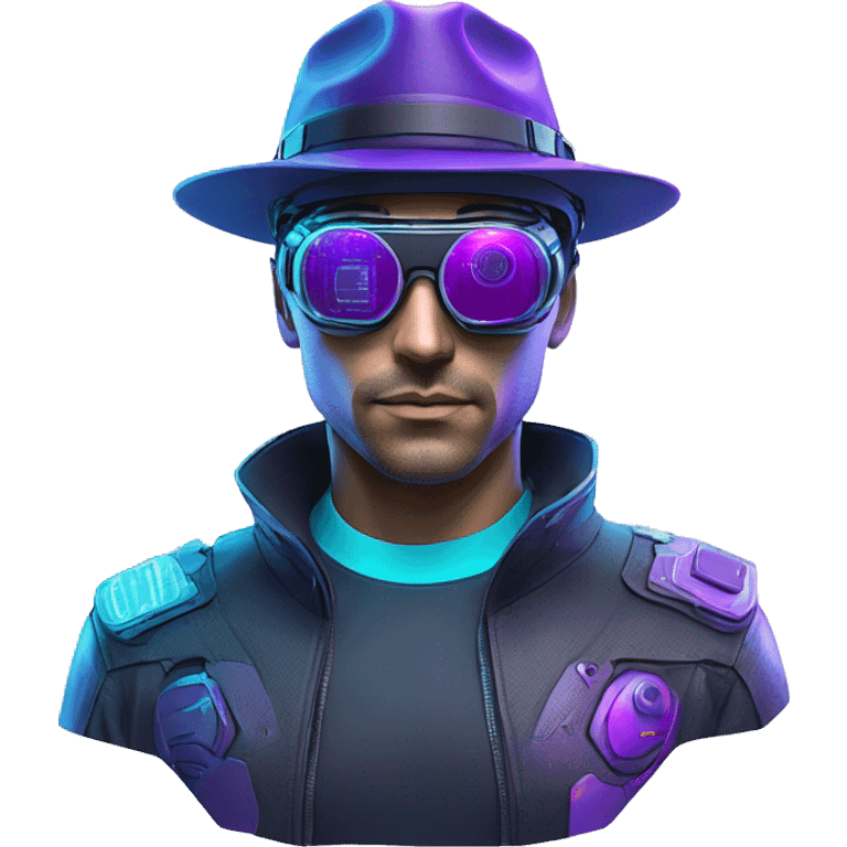 Secret human agent in a hat with  cyberpunk elements in Apple VR googles headset scanning looking reviewing multicolor lines of code, cyan and purple colors, only upper body portrait emoji