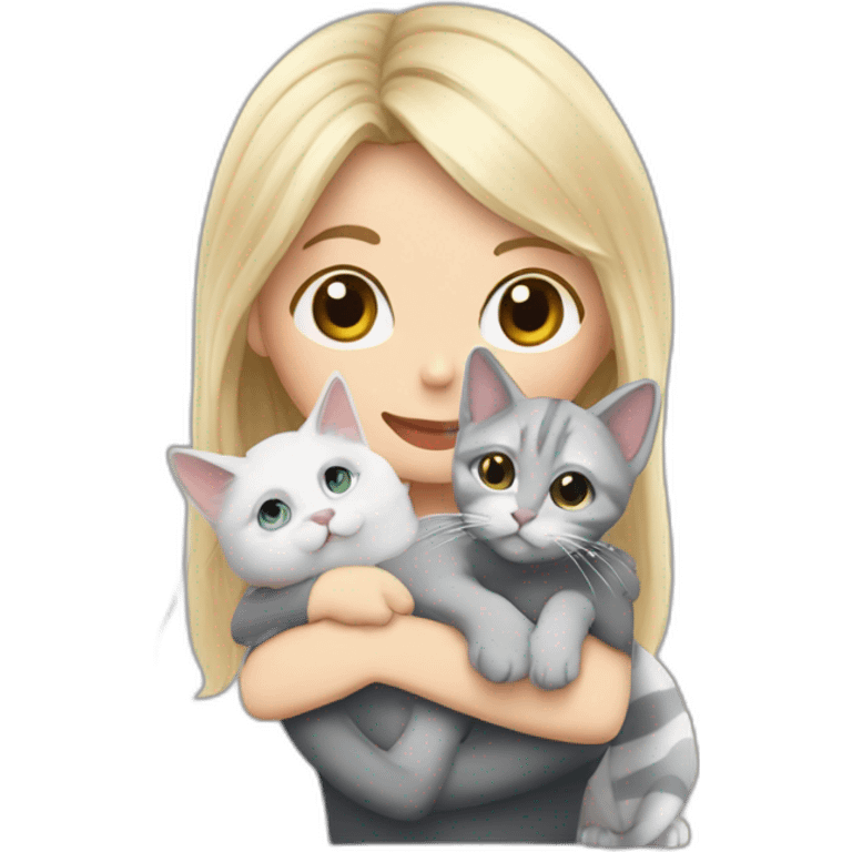 A blond whit hirl with one silver round glasess in her face is hugging one grey stripet cat and there ar alot of harts around them emoji