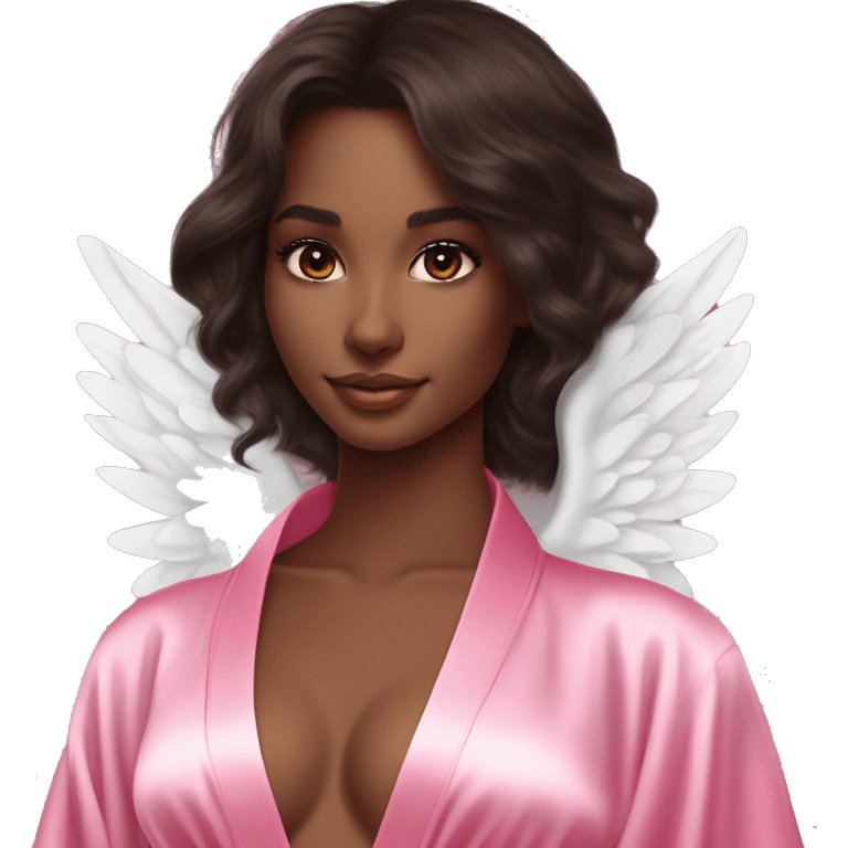 Dark hair brown eyes brown skin Victoria secret angel in pink silk robe with white angel wings emoji