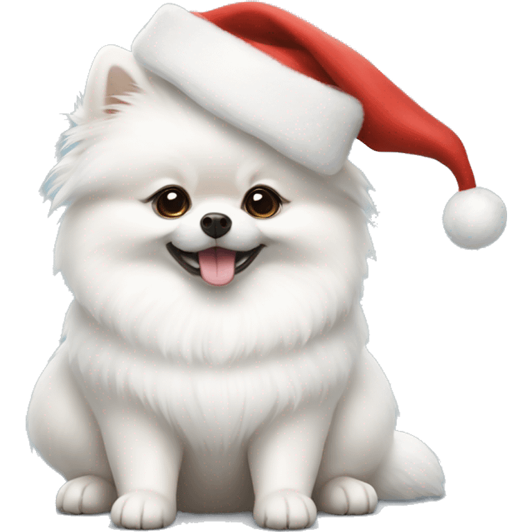 White Pomeranian in a Christmas hat emoji