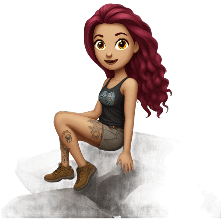 Beautiful tattooed woman long burgundy hair climbing rocks emoji