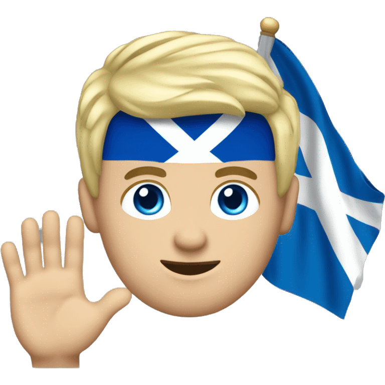 35 year old white Chunky male with blonde hair and blue eyes waving hand with Scotland flag in background emoji