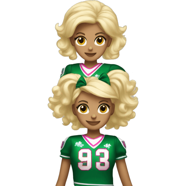 blonde cheerleader wearing green uniform holding pink pompoms that looks like chrissy chlapecka emoji