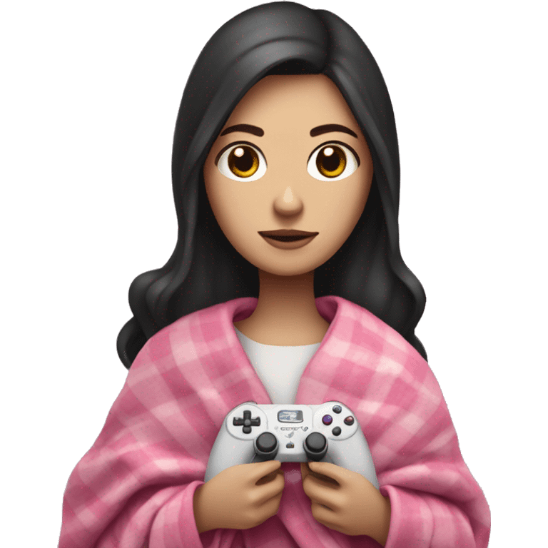 White girl with dark hair wrapped up in a blanket with a pink gaming controller in her hands emoji